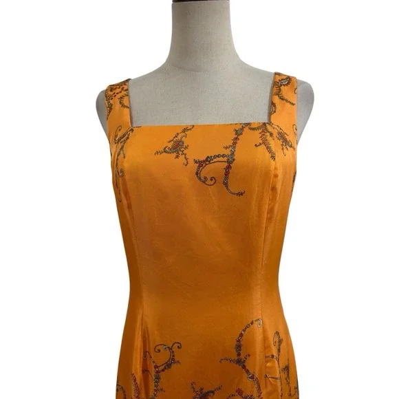Vtg 90s Ann Taylor Orange Silk Shift Midi Dress Sz 6 Paisley Boho Cocktail Event - Picture 2 of 8